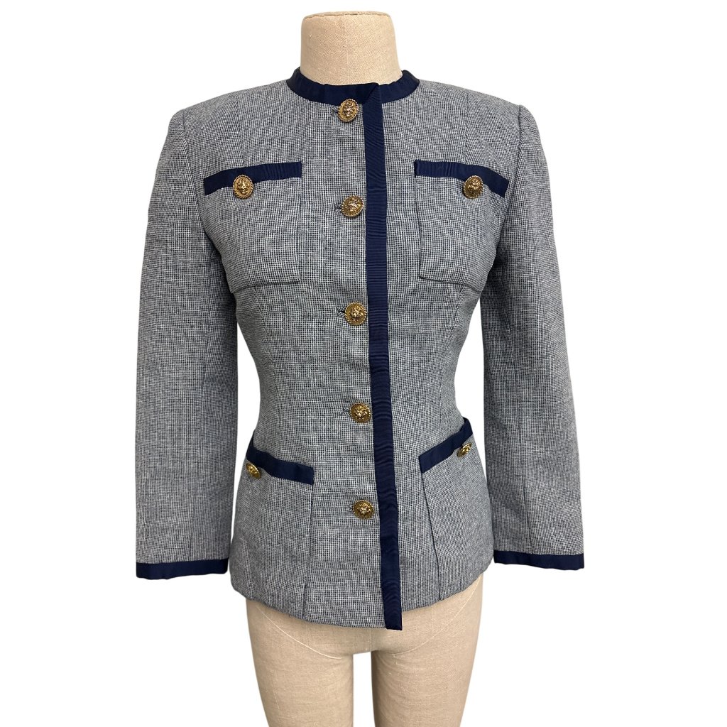 Vintage Angle Fabrics Womens Tailored Houndstooth Jacket With Navy Trim & Gold B